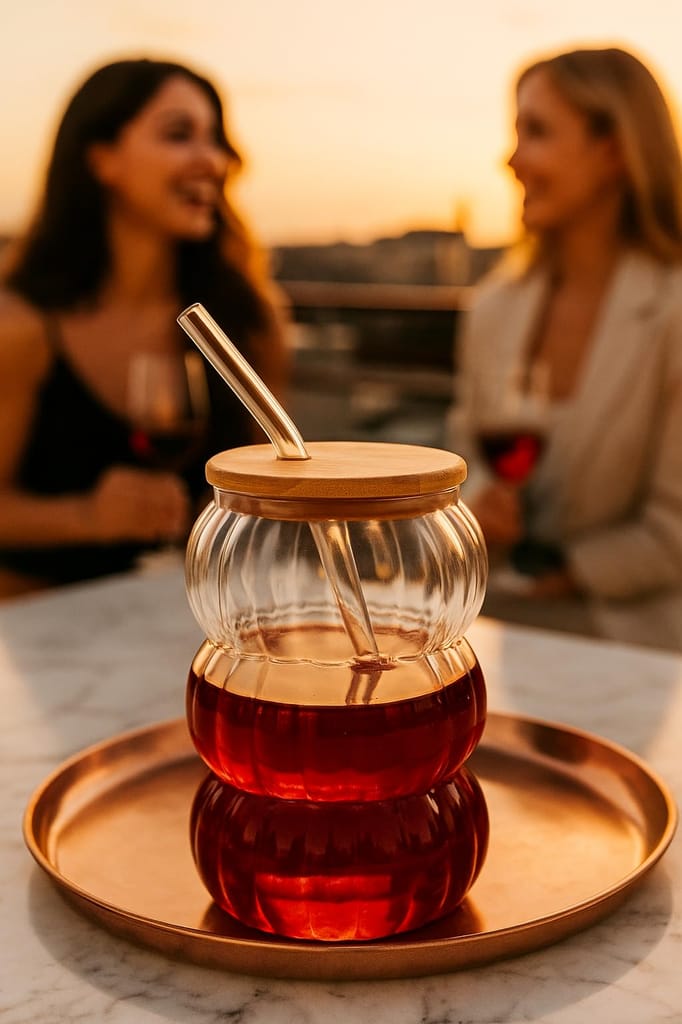 Wave Shape Glass Tumbler with Wooden lid and Straw Beverage Sipper Unique Pattern Design Cola Mug for Iced Coffee, Juice, Milk, Cocktails, Milkshake (Pack of 1)