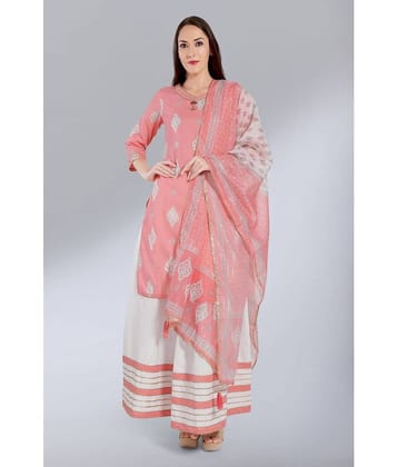 Madhuram Textiles Women Cotton Blend Printed Straight Kurti With Skirt ( Pink )