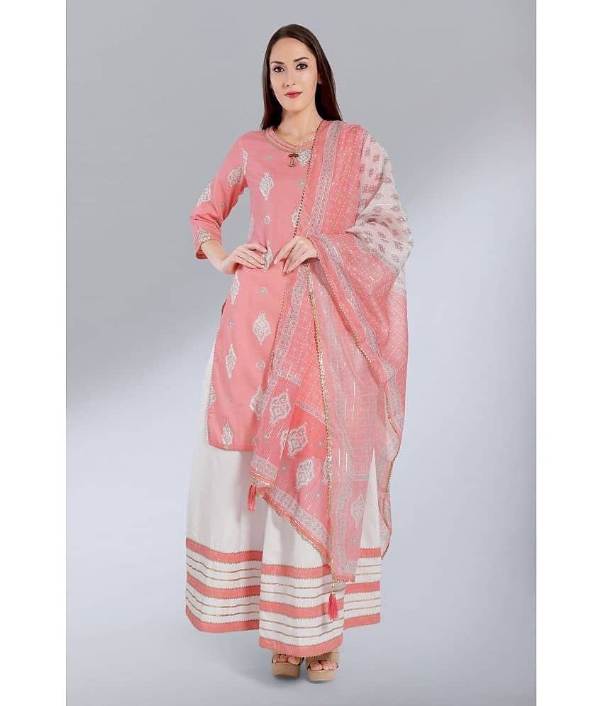 Madhuram Textiles Women Cotton Blend Printed Straight Kurti With Skirt ( Pink )