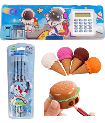 KALRA MAGIC Fun & Cute Stationery Set for Kids 1Pcs Calculator Astronaut Pencil Box 4Pcs 3D Erasers, 12 Pcs Pencils Set & 1 Burger Sharpener (Space Cal)