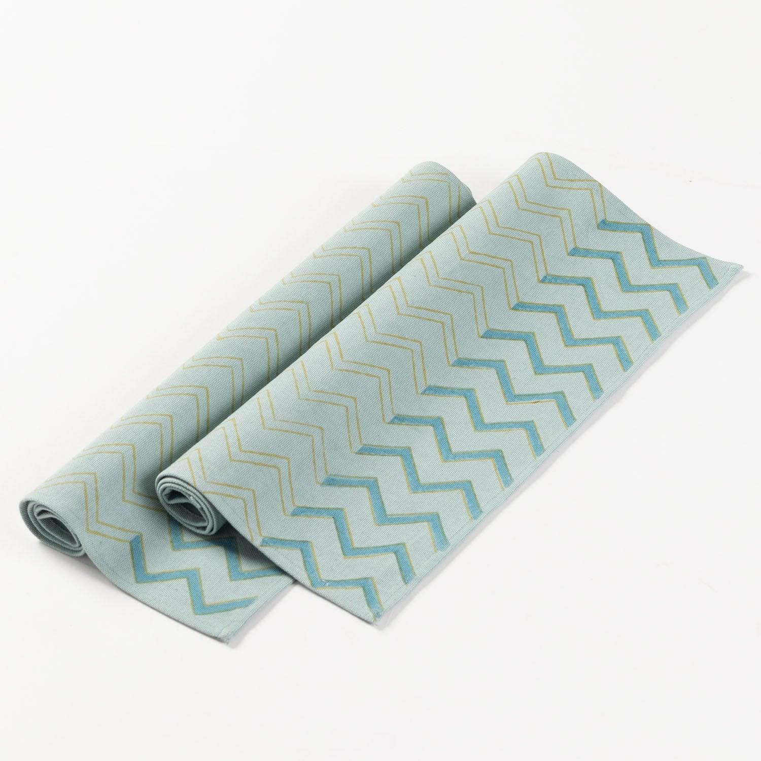 Eyaas Block-Printed Cotton Canvas Table Mats in Blue with Yellow Chevron  Set of 2 (13 x 18 Inches Each)