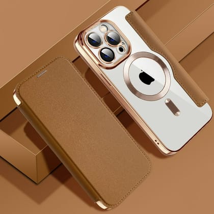 Gold Electroplated Premium Leather Luxury Flip Case-iPhone 15 Pro