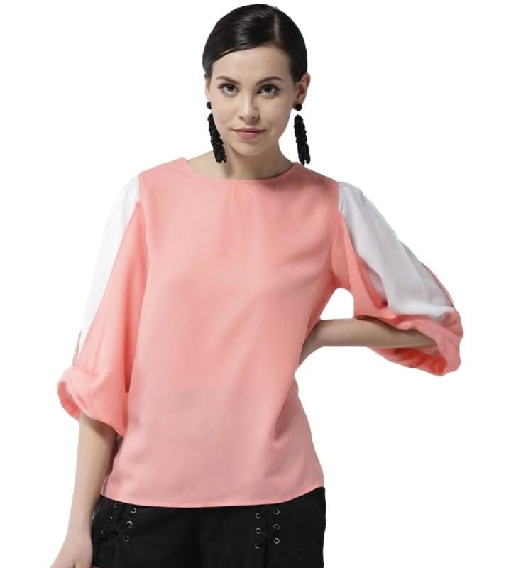 Women's Polyester Colour Block Slit Sleeve Top (Pink, L)-PID55893