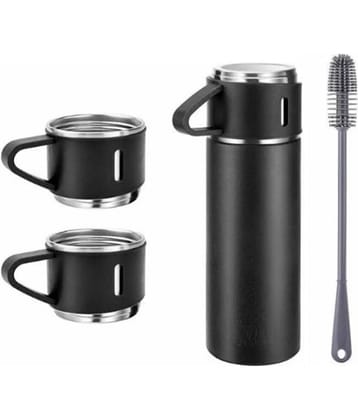 FLEXTOX Vacuum Flask set 3Cup set for Hot & Cold Drink BPA Free(Black)with Silic - Black Steel Flask ( 500 ml )