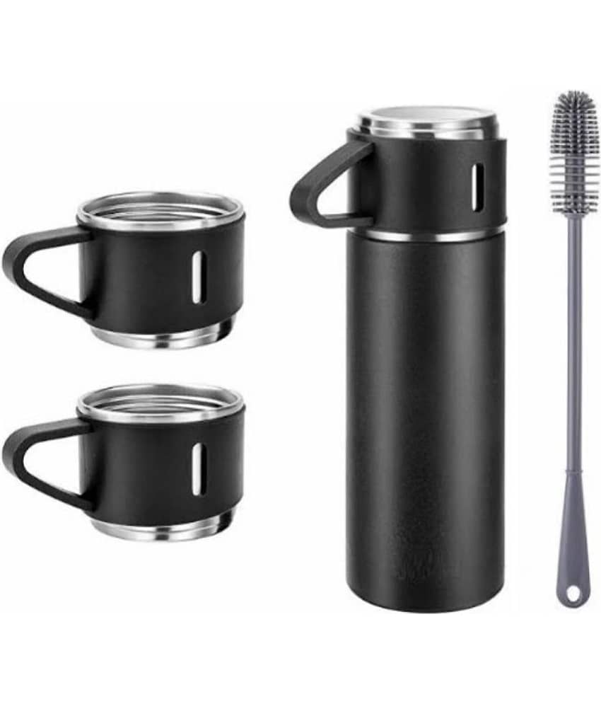 FLEXTOX Vacuum Flask set 3Cup set for Hot & Cold Drink BPA Free(Black)with Silic - Black Steel Flask ( 500 ml )