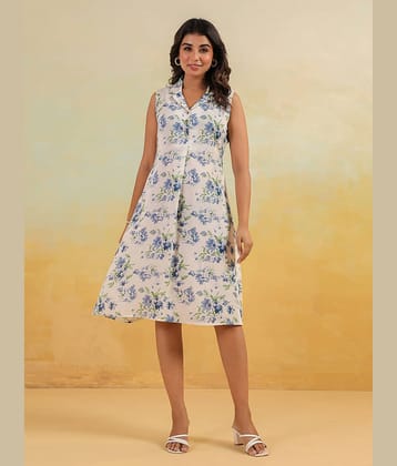 Janasya Women Cotton Printed A-line Dress ( Off White )
