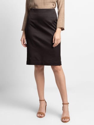 Poly Cotton Straight Skirt - Chocolate Brown-XS