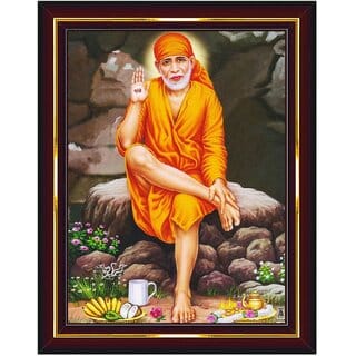 Sai Baba Shirdi Sainath Brown Mirror Photo Frame for Pooja Room 10x12 Inch  (Wood) Brown