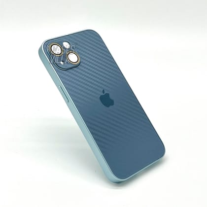 iPhone 14 Plus Cover : New Carbon Fiber Pattern AG Glass Case with Camera Lens Protection-Sierra Blue