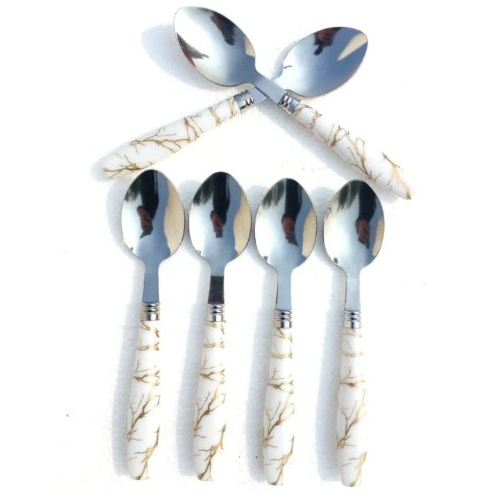 Qawvler Spoon Set for Kitchen Dining Table Solid Plastic Marble Design (Pack of 6) Color - White and Golden, Pattern - Textured