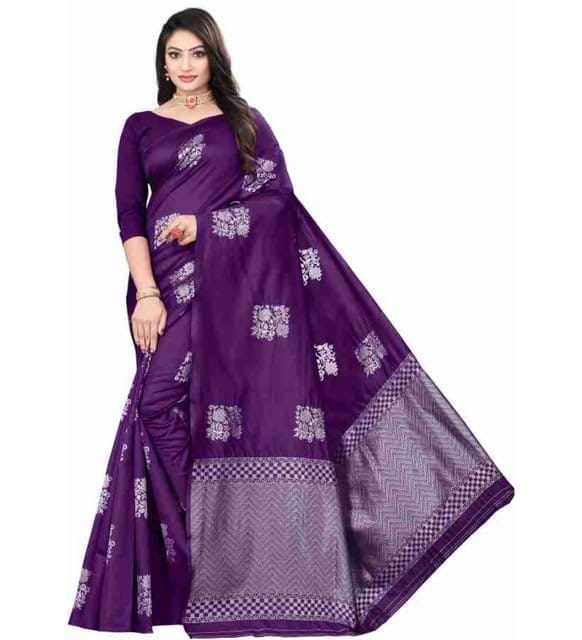 Women's Soft Lichi Silk Printed Saree With Unstitched Blouse 5.5Mtr (Purple)-PID63577