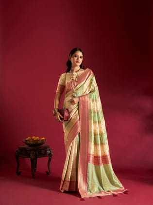 Cream & Sea Green Pure Soft Banarasi Weaving Silk Saree