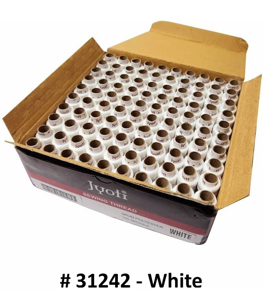 Jyoti Sewing Thread Polyester, Sewing & Tailoring Craft, Ladies Special Dhaga, Spool for Stitching, Overlock, 2 Ply / 52 Count with Lubrication - # 31242, (100 Tubes of White Color in 180 Meters)