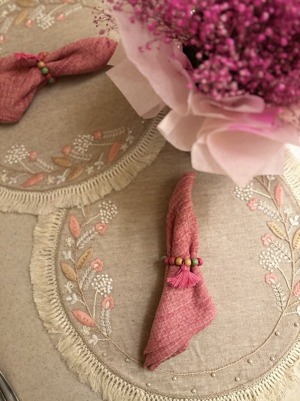 KRI India Raw Bloom Valley of Flowers Table Placemats Set|Set of 6 | Jute beige | 15 inches | Wash & Care | 100% Cotton | Handcrafted in India. 100% organic & natural.