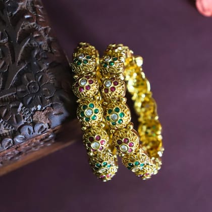 Trendisia Gold-Plated Floral Filigree Bangles with Colorful Kemp Stones