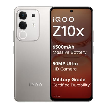 iQOO Z10x 5G (Titanium, 8GB RAM, 128GB Storage) | 6500 mAh Large Capacity Battery | Dimensity 7300 Processor | Military-Grade Durability iQOO Z10x 5G (Titanium, 8GB RAM, 128GB Storage) | 6500 mAh Large Capacity Battery | Dimensity 7300 Processor | Milita