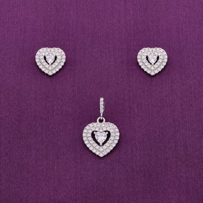 A Hearty Tribute to Love Silver Pendant & Earrings Set-White Stone / Silver