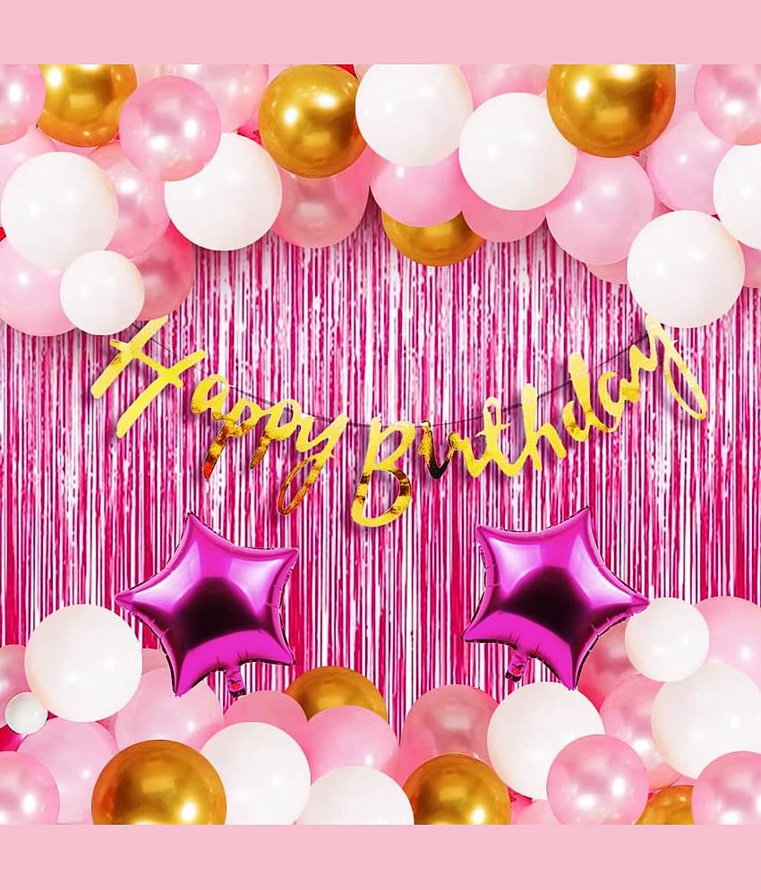 Birthday Decoration Kit – 35 Pcs Golden Cursive Happy Birthday + 30 Metallic Balloons & Party Props for Kids