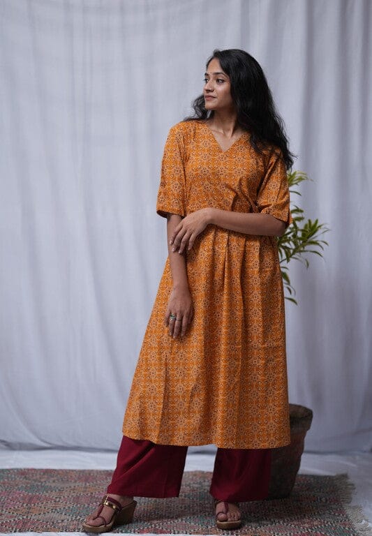 Rivaaj Ethnic Vedika Kurta (Size M) | Yellow A-Line Pure Cotton with Above Elbow Sleeves | Daily Ethnic Wear | V-Neck
