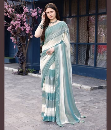 Satrani Georgette Printed Saree With Unstitched Blouse Piece ( Teal )