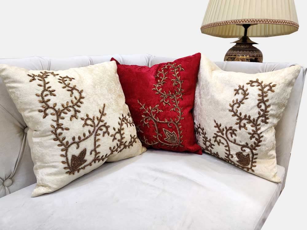 Suede Cream Off White Maroon Multicolor Set of 3 Ethnic Beaded Embroidered Square Combo Cushion Covers for Sofa Home Bedroom (16x16 inch or 40 x 40 cm)