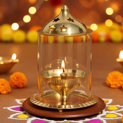 Brass Table Decor Oil Lamp Deepak With Chimney  - Decorative Brass Diya for Lighting, Height : 4.5 Inch (ZMAS014/5)