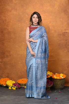 Designed By VMI~ Handloom Pure Organic Natural Linen Silk Saree with Allover Handblock Print ~ Powder Blue