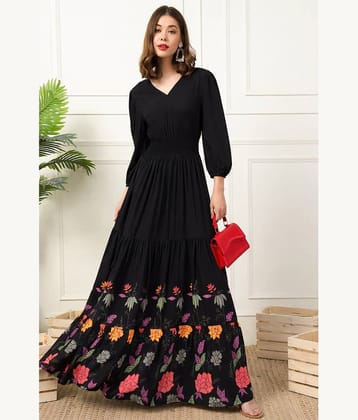 Femvy Women Crepe Printed Fit & Flare Dress ( Black )