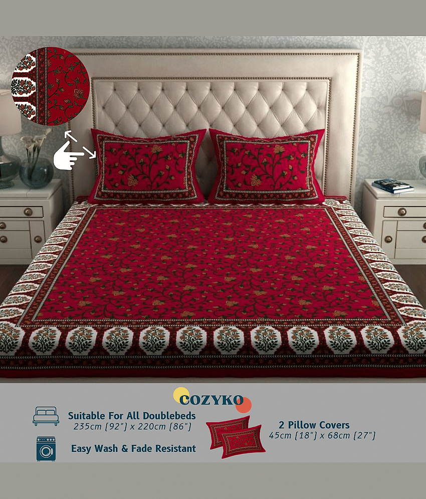 COZYKO Cotton 1 Double Bedsheet with 2 Pillow Covers ( Red )