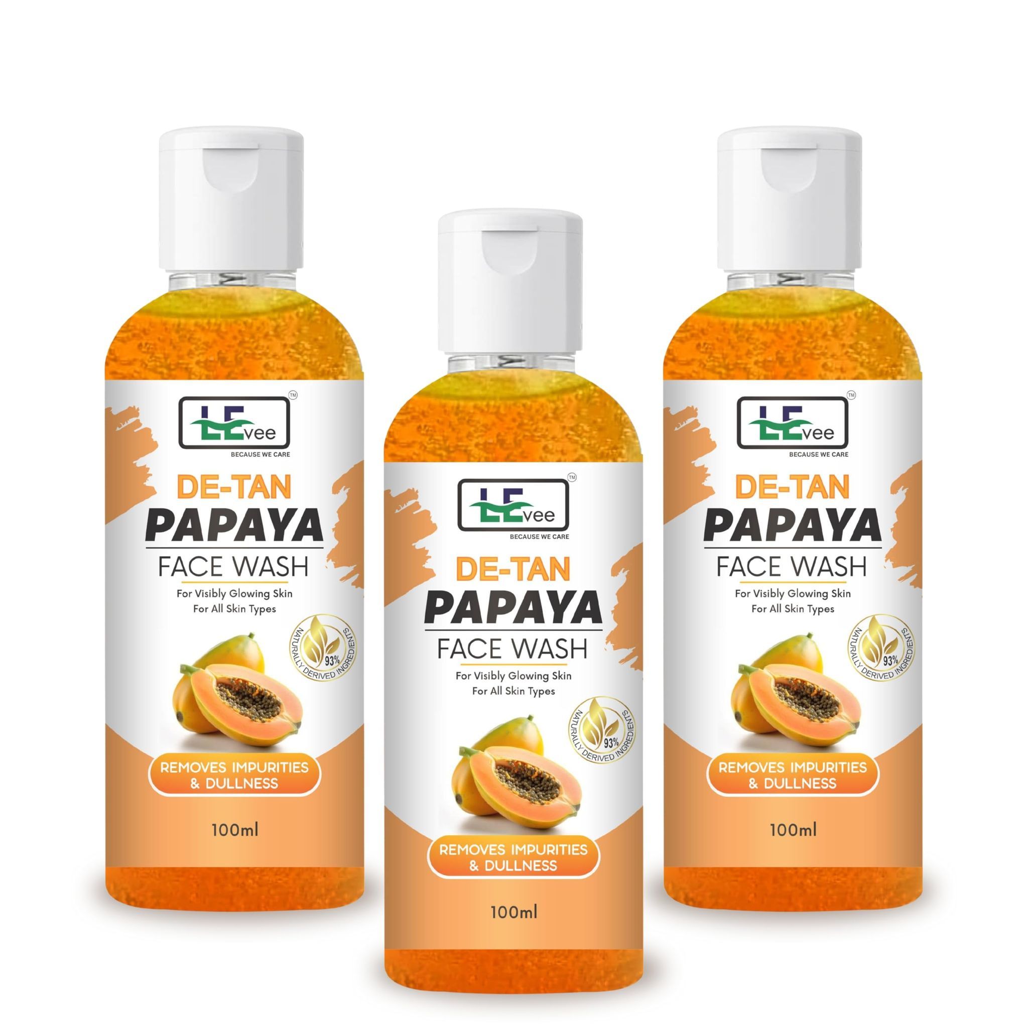 LEvee Detan Papaya Facewash for Men & Women. Pack of 3 | Face Wash (300 ml)
