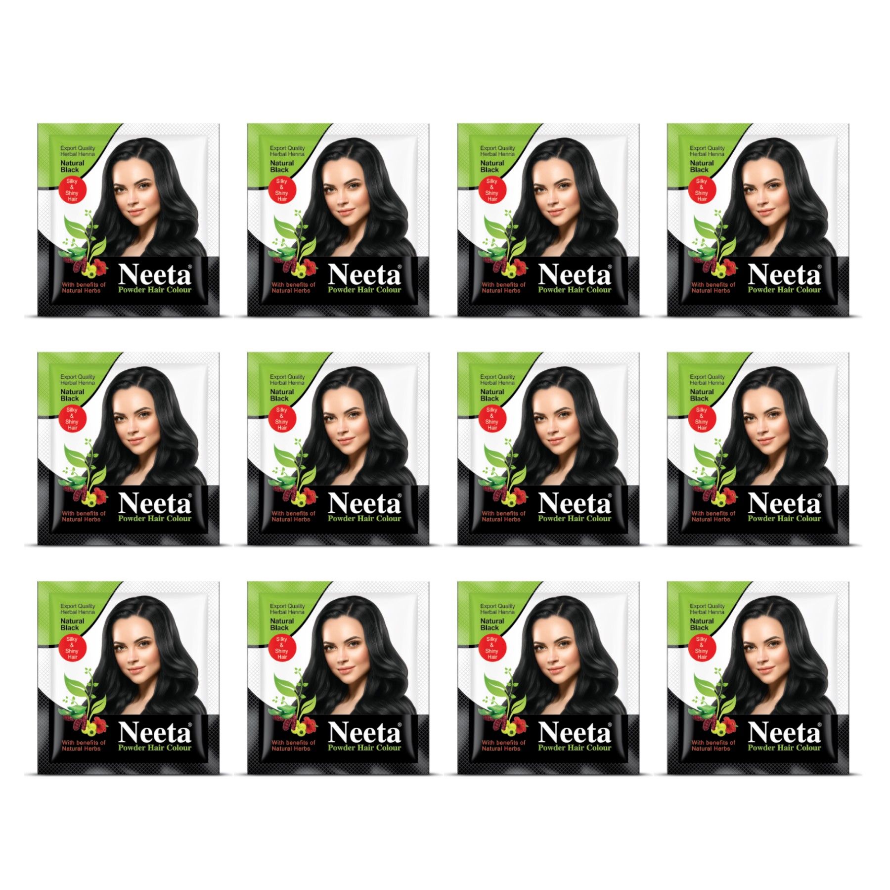 Neeta Powder Hair Colour Natural Black 5g Pack of 12, Henna Based Hair Color for Women Men, Enriched with Natural Herbs