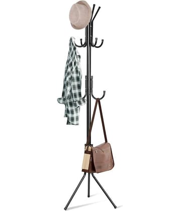 PrettyKrafts 6 Hook Coat Hanger Clothes Stand Hanging Pole Wrought Iron Rack Standing Shelf Unit for Home, Bedroom Space Saver Storage Organizer for Garments, Scarf, Bag, Umbrella (Black/170 x 42cm)