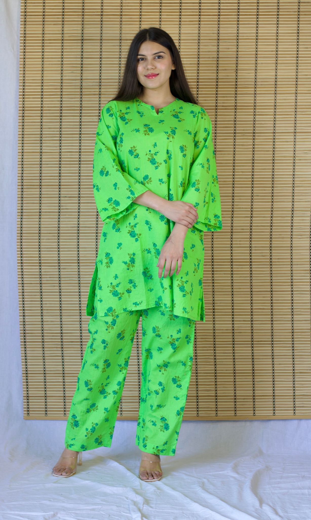 Neon Green Relaxed Fit Cotton Co-ord Set with Bell Sleeves-XS