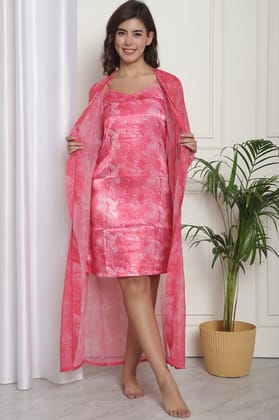 Pink Abstract Printed Nightdress With Robe-S