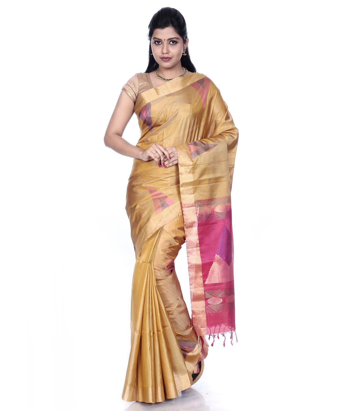 Golden Kanchipuram Silk Saree with Dark Pink Pallu