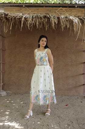 Venetian Pure Embroidery Work On Khadi Cotton Fabric maxi Frock-Off White / S-36
