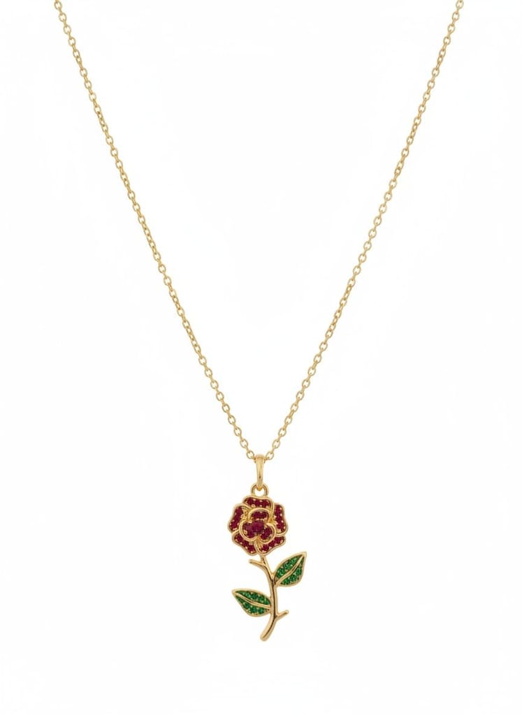 GemGleam - Gold-Tone Rose Pendant Necklace with Red and Green Crystal Embellishments, Anti-Tarnish Floral Chain Necklace