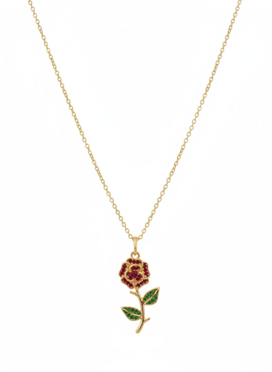 GemGleam - Gold-Tone Rose Pendant Necklace with Red and Green Crystal Embellishments, Anti-Tarnish Floral Chain Necklace