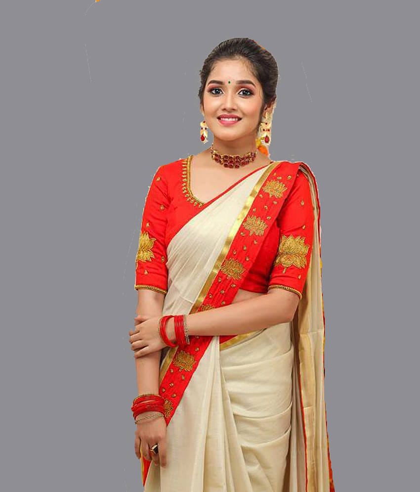 Bhuwal Fashion Silk Blend Embroidered Saree With Unstitched Blouse Piece ( Orange )