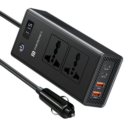 Portronics Zaptor Car Inverter with Dual AC Sockets, Dual 20W Type-C PD, Dual 36W USB-A Ports,  Input Voltage Display, ON/OFF Switch for AC Sockets