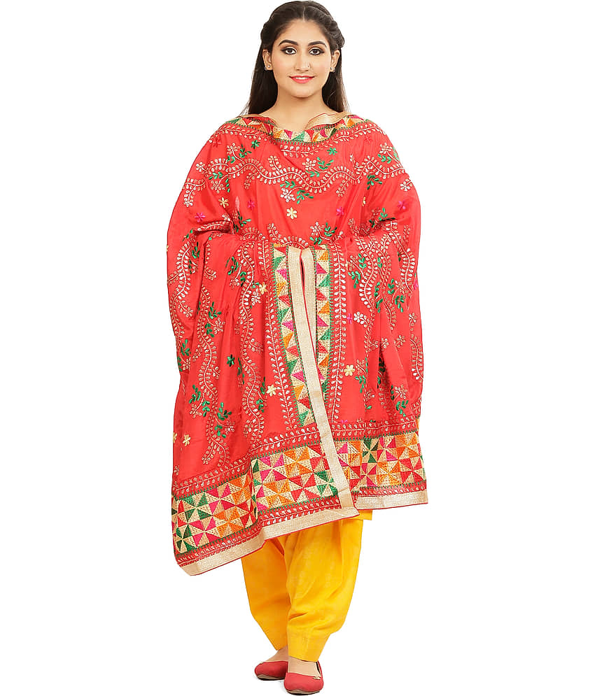 SAHEJ SUITS Red Chiffon Hand Embroidered Dupatta