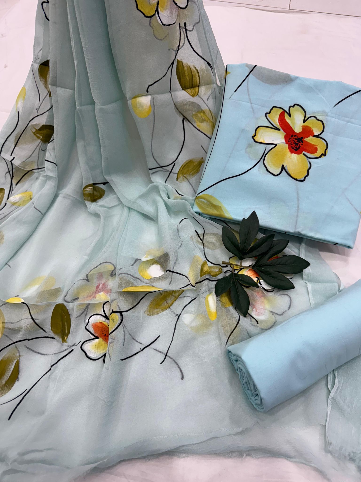 Hand Painted Cotton Suit With Chiffon Suit