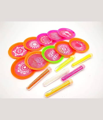 PRANSUNITA 10 pcs Ready to Draw Rangoli Making Round Small Stencils ( channi size -3 inches ) with 5 pcs Neon Sparkle Color in bottle pack for Diwali, Pongal, Weddings Decorations –Reusable Traditional Stencils