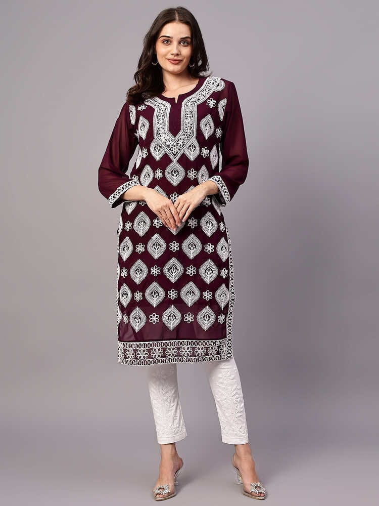 MRS RIGHT COMPUTERIZED CHIKANKARI MIRROR EMBROIDERED A LINE KURTI