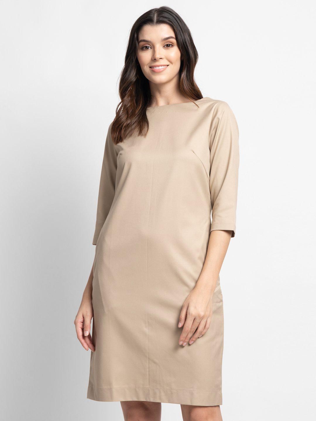 Poly Cotton Sheath Dress - Tan-Standard Size / XS