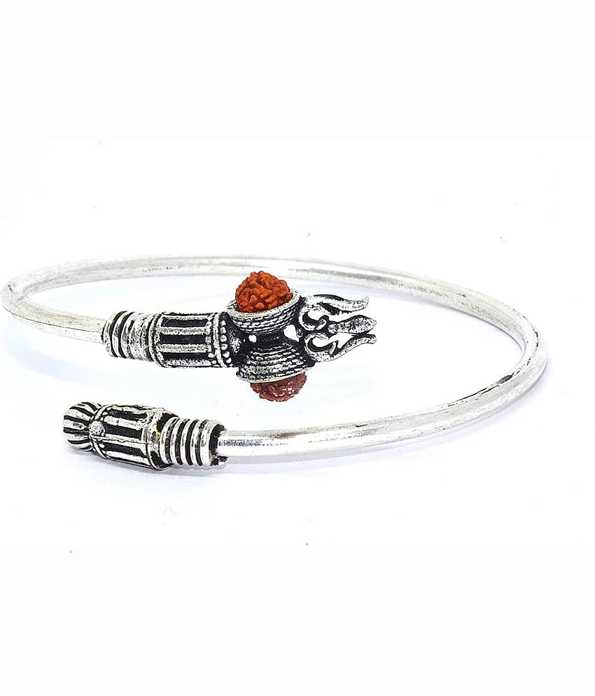 Rudradivine Designer Silver Oxidized Shiva Trishul Rudraksha Damru Kada Bracelet Bangle for Men and Boys Silver Trishul Damroo Designer Kada Bracelet Bangle for Women and Men (Flexible)
