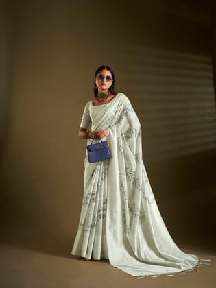 White Poly Spun Floral Designed Bollywood Saree