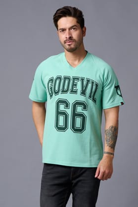 Go Devil 66 Printed V Neck Sea Green Oversized T-Shirt for Men S