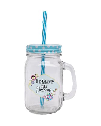 Mason Jar, with Straw & Lid, Blue, Glass, 450 mL