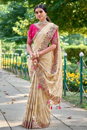 Cream Embroidered Banarasi Saree